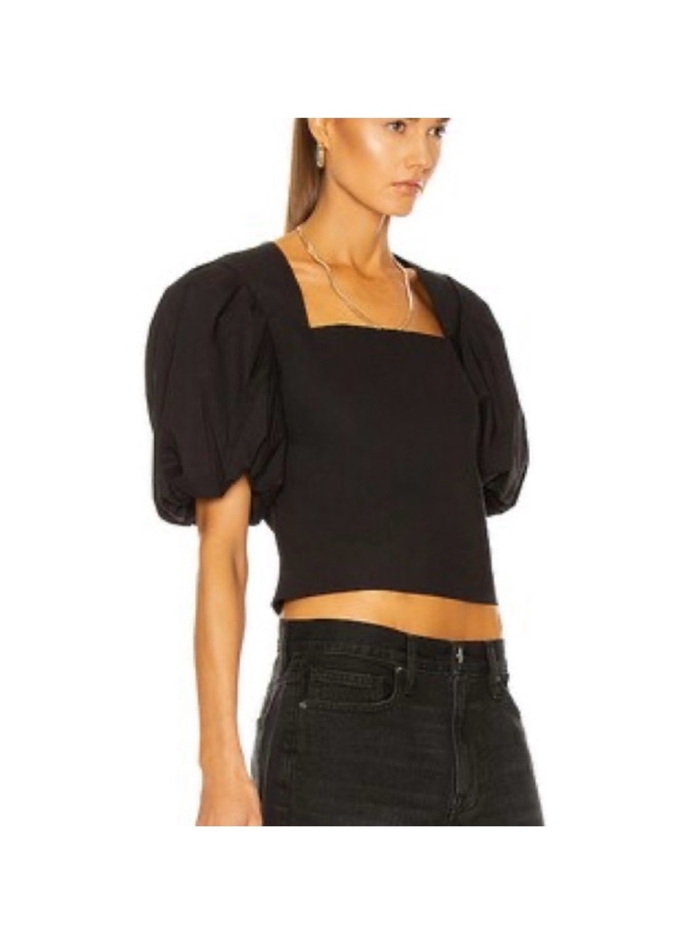 Frame Denim Women’s Black Puff-Sleeve Square-Neck Crop Top